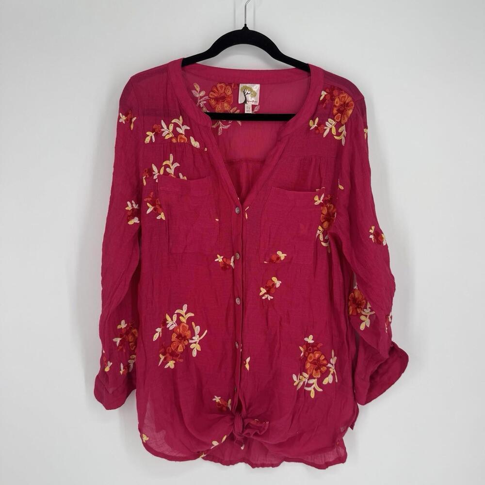Fig & Flower top 1x pink floral button down tie front colorful beachy plus work